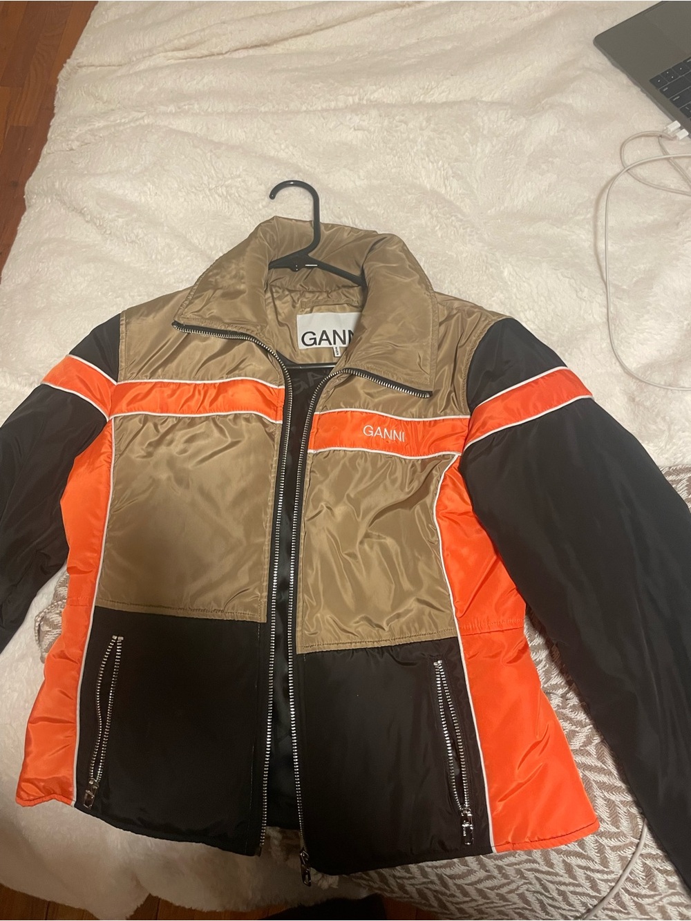 Ganni Khaki, Orange & Black Colorblock Puffer Jacket